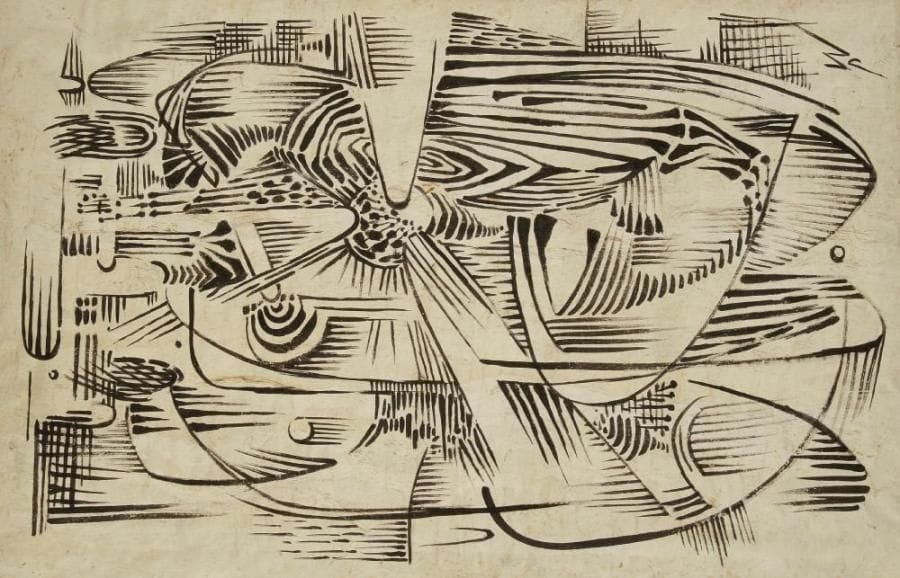 Wolfgang PAALEN [autrichien] (1905-1959)
Ancêtres à Venise, 1947. Dessin à l'encre sur papier chiffon. Monogrammé en bas à droite. 64 x 40,5 cm. Provenance : Collection Nanos Valaoritis et Marie Wilson. 