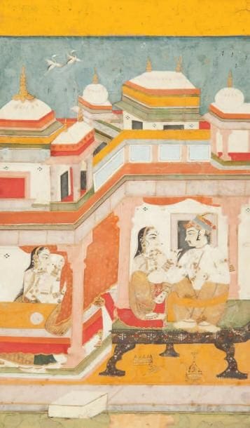 Malkosh raga, ou les flammes de la passion, Bundi, XVIIIe siècle Gouache sur page cartonnée. La nuit, dans un palais, un prince aux jambes nouées par un yogapatta converse avec sa maîtresse, tous deux assis sur un lit. Il tente de lui caresser la poitrine, mais sa partenaire retient sa main. Une servante ferme les rideaux donnant sur une pièce adjacente, et deux grues survolent le palais. Dim.: 22 x 13 cm (Nombreux éclats et déchirure en partie basse) Ce mode de Raga est associé à l'hiver, et doit se jouer à minuit