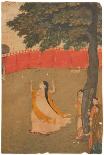 Jeune femme sur une balançoire, Haut Pendjab, fin du XVIIIe siècle Gouache sur papier cartonné. Une jeune femme vêtue d'une longue robe de voile brodée d'or et richement parée se balance sous un arbre dans un jardin, poussée par une de ses suivantes. Les deux autres se tiennent en retrait, un morchal et un huqqa dans la main. Dim.: 23 x 15 cm (Trous de ver et restaurations)