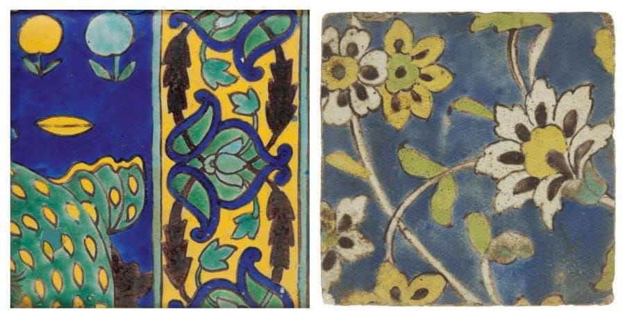 Quatre carreaux à décor de lignes noires, Iran, XVIIe-XIXe siècle. Céramique à décor polychrome présentant des arabesques florales sur fond bleu. Joint: un carreau d'angle orné de fleurs. (Eclats sur les bordures et un carreau fracturé)