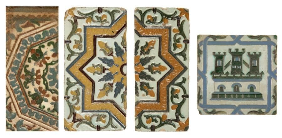 Quatre carreaux de céramique à décor cuenca y arista, Espagne, Séville, XVIIe et XIXe siècle Trois parties de compositions à décor moulé polychrome d'un médaillon octogonal ou étoilé garni d'une rosette à boutons, bordés de rinceaux fleuris, et un carreau orné d'un château à trois tours. Dim.: entre 35 x 15 cm et 13,5 x 13,5 cm (Petits éclats et importantes restaurations sur le carreau encadré)