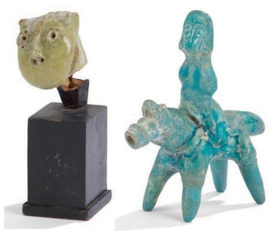 Deux rondes-bosses, cavalier et tête de fauve, Iran, XIIe-XIIIe siècle Céramiques siliceuses modelées à glaçure monochrome turquoise et vert céladon. Cavalier stylisé aux yeux largement ouverts monté sur un cheval à bouche tubulaire; tête de fauve à petite crinière piquetée de traits. H.: 13,5 cm et 3,5 cm (Fractures recollées; tête sur un petit socle)