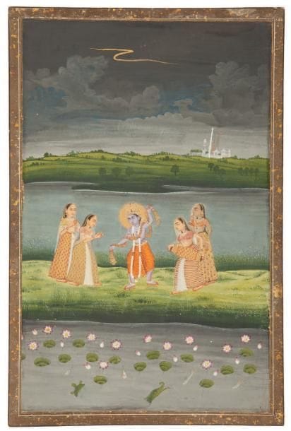 Megha Raga, Inde, Murshidabad, fin du XVIIIe-début du XIXe siècle Illustration d'un mode de Ragamala. Gouache sur page d'album aux petites marges grises mouchetées d'or. Krishnâ, auréolé et monté sur de petits socques dorés, danse avec son écharpe afin de faire venir la pluie, sous un ciel orageux. Il est entouré de quatre musiciennes agitant des clochettes, jouant du pakhawaj et frappant dans leurs mains. Au premier plan, un crocodile et des poissons nagent dans une rivière fleurie de lotus. Dim. page: 28 x 18 cm Cette scène célèbre a fait l'objet de nombreuses représentations. On peut notamment lui rapprocher celle datée 1760 et conservée à la British Library, sous le numéro d'inventaire Add. Or 27. En musique, ce Raga s'interprète la nuit, pendant la saison des pluies