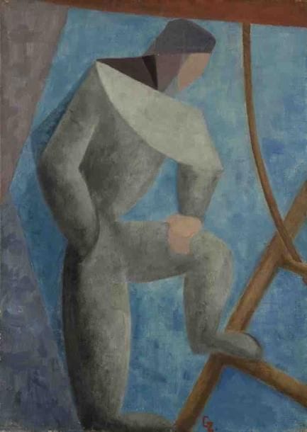 Geneviève ZONDERVAN (née en 1922)
Ouvrier, 1947 Huile sur toile. Monogrammée en bas à droite. 46 x 33 cm Geneviève Zondervan vit à Paris où elle naît en 1922. Ses parents sont éditeurs d?art et elle fréquente, dès son plus jeune âge, ateliers d?artistes et musées. Néanmoins elle effectue un cursus d?études secondaires classique et se dirige ensuite vers des études supérieures dans les sciences naturelles, les mathématiques et l?optique; un goût pour les sciences que l?on retrouvera dans ses formes synthétiques et géométriques. Elle commence à peindre en 1942. A partir de 1944, elle fréquente les académies de Montmartre et de Montparnasse et devient l?élève d?Iwan Cerf. Elle effectue alors de nombreux voyages dans toute l?Europe: Belgique, Ostende notamment, Hollande, Italie, Grèce, Grande- Bretagne, pays scandinaves et France. Ces voyages, principalement axés sur l?architecture romane et la peinture, l?oriente vers la peinture de paysages. Mais c?est dans la série des «Espaces urbains» qu?elle va trouver sa plénitude. C?est désormais à la recherche d?immeubles et d?usines qu?elle parcourt la France. Mais elle n?oublie pas l?art de la nature morte appris dans l?atelier d?Iwan Cerf. Elle brosse ces petites compositions aux tons pastels dans l?intimité de son appartement-atelier du 10e arrondissement. Geneviève Zondervan a son public et chacune de ses expositions est un succès.