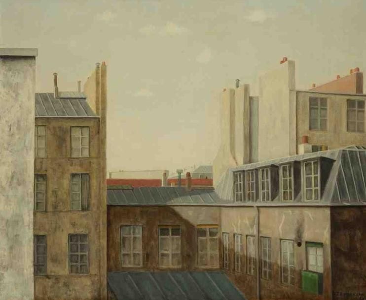 Geneviève ZONDERVAN (née en 1922)
Toits de Paris I, 1954 Huile sur toile. Signée et datée en bas à droite. 46 x 55 cm