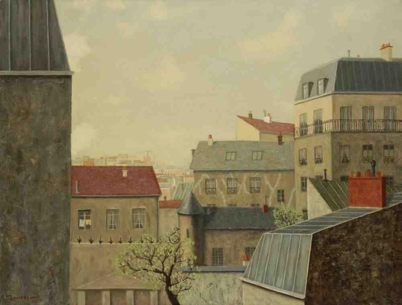 Geneviève ZONDERVAN (née en 1922)
Toits de Paris II, 1955 Huile sur toile. Signée et datée en bas à gauche. 50 x 65 cm