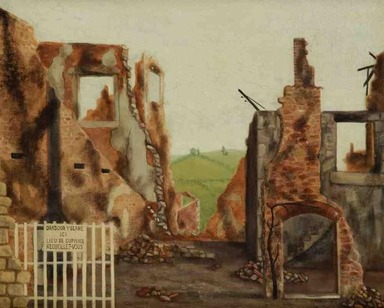 Geneviève ZONDERVAN (née en 1922)
Oradour-sur-Glane, 1958 Huile sur toile. Signée et datée en bas à droite. 33 x 41 cm