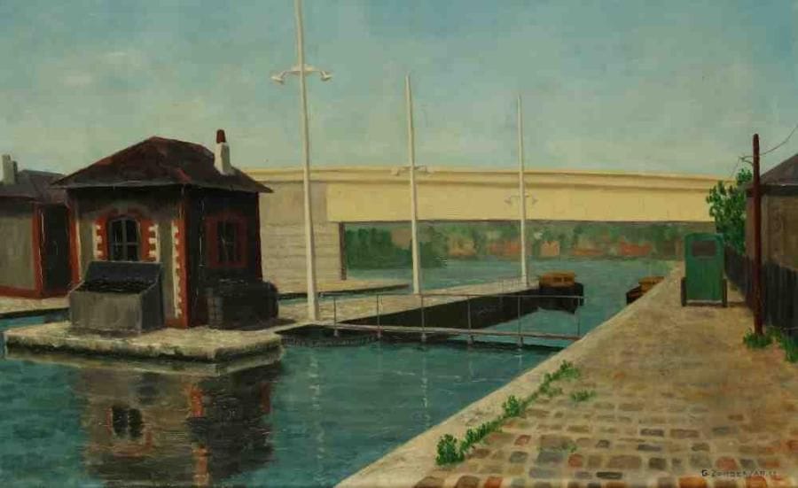 Geneviève ZONDERVAN (née en 1922)
Le Canal à Saint-Denis, 1962 Huile sur toile. Signée et datée en bas à droite. 33 x 55 cm