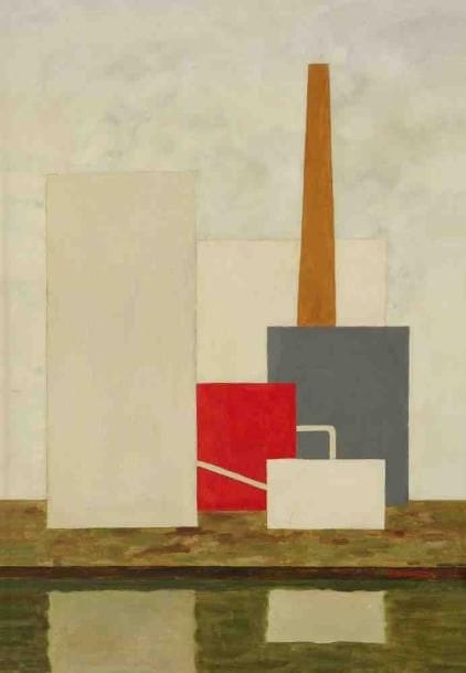 Geneviève ZONDERVAN (née en 1922)
Usine au réservoir rouge, 1970 Huile sur toile. Signée et datée en bas à droite. 55 x 38 cm