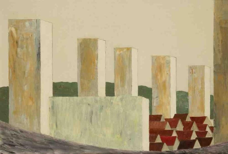Geneviève ZONDERVAN (née en 1922)
Cinq tours, 1970 Huile sur toile. Signée et datée en bas à droite. 38 x 55 cm