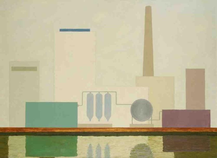 Geneviève ZONDERVAN (née en 1922)
Usine au bord de l'eau, 1972 Huile sur toile. Signée et datée en bas à droite. 60 x 81 cm