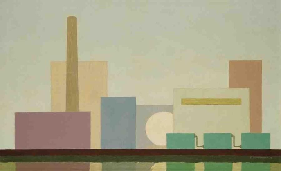 Geneviève ZONDERVAN (née en 1922)
Paysage aux trois citernes vertes, 1972 Huile sur toile. Signée et datée en bas à droite. 38 x 61 cm