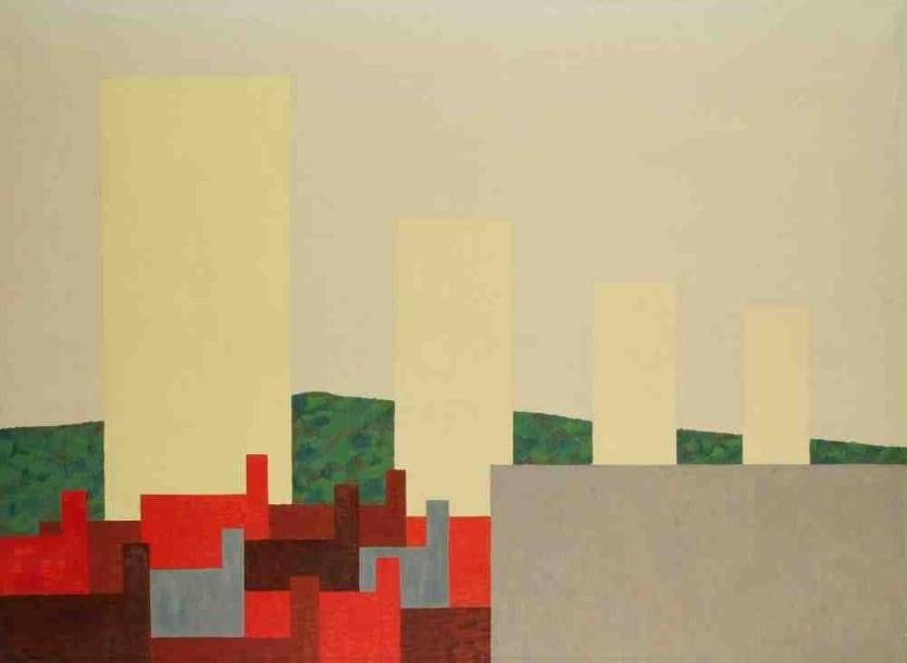 Geneviève ZONDERVAN (née en 1922)
Les Usines, 1973 Huile sur toile. Signée et datée en bas à gauche. 73 x 100 cm Exposition: galerie Gessmann.