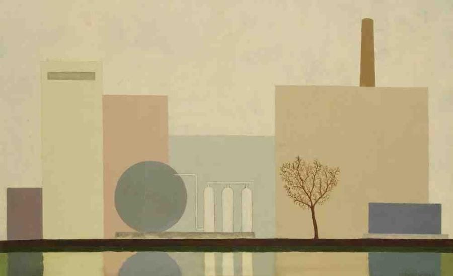 Geneviève ZONDERVAN (née en 1922)
Usines aux réservoirs blancs, 1973 Huile sur toile. Signée et datée en bas à droite. 38 x 61 cm