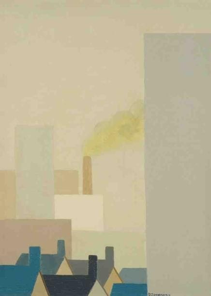 Geneviève ZONDERVAN (née en 1922)
Fumée et toits bleus, 1973 Huile sur toile. Signée et datée en bas à droite. 46 x 33 cm
