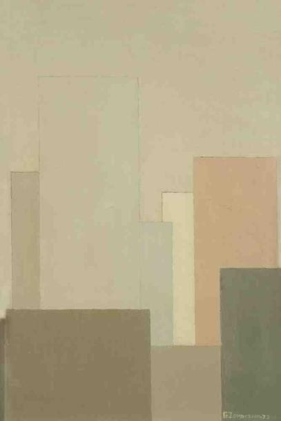 Geneviève ZONDERVAN (née en 1922)
Paysage à la tour rose, 1973 Huile sur toile. Signée et datée en bas à droite. 35 x 24 cm