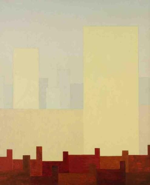 Geneviève ZONDERVAN (née en 1922)
Banlieue sud à la tour jaune, vers 1974 Huile sur toile. Non signée. 81 x 65 cm