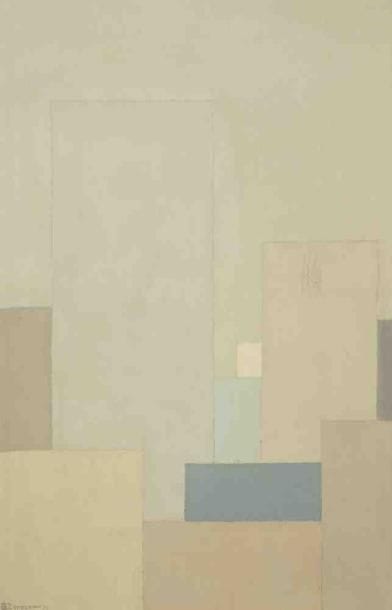 Geneviève ZONDERVAN (née en 1922)
Tours au toit bleu, 1974 Huile sur toile. Signée et datée en bas à gauche. 41 x 27 cm