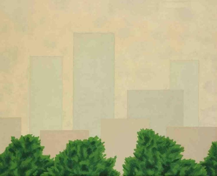 Geneviève ZONDERVAN (née en 1922)
Tours et arbres, Montreuil, 1974 Huile sur toile. Monogrammée et datée en bas à droite. 50 x 61 cm