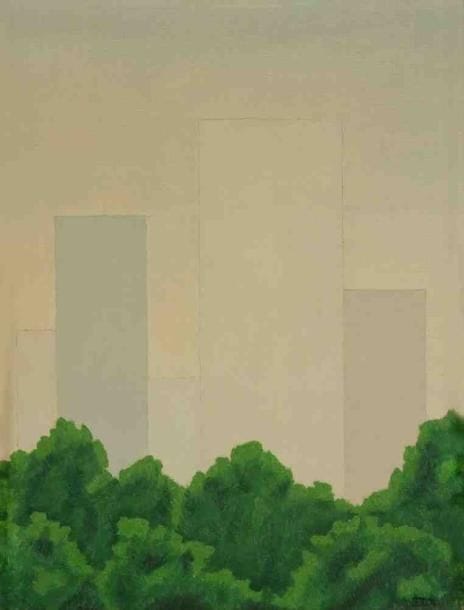 Geneviève ZONDERVAN (née en 1922)
Tour aux arbres verts, 1974 Huile sur toile. Monogrammée en bas à droite. 35 x 27 cm
