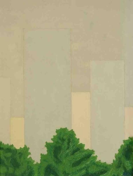 Geneviève ZONDERVAN (née en 1922)
Trois arbres et des tours, 1974 Huile sur toile. Monogrammée et datée en bas à droite. 35 x 27 cm