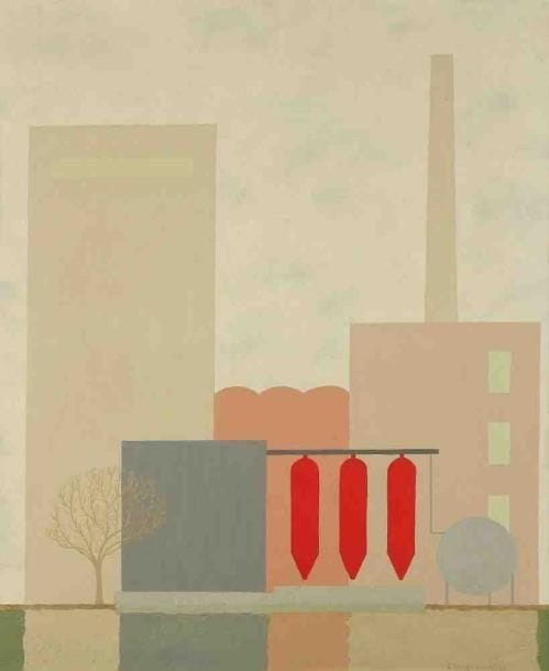 Geneviève ZONDERVAN (née en 1922)
Pétrochimie en rouge, 1976 Huile sur toile. Signée et datée en bas à droite. 65 x 54 cm