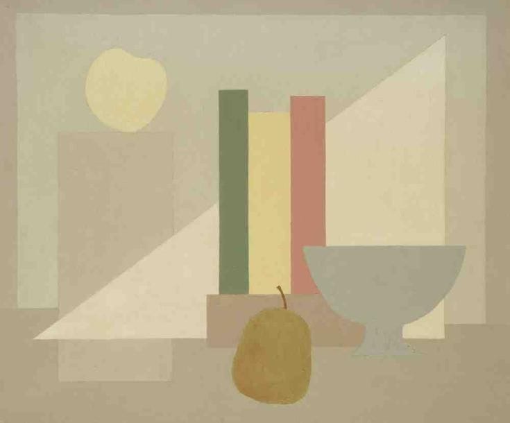 Geneviève ZONDERVAN (née en 1922)
Trois livres et une coupe, 1977 Huile sur toile. Signée et datée en bas à droite. 38 x 46 cm