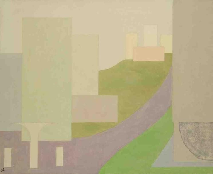 Geneviève ZONDERVAN (née en 1922)
La Cité, vers 1977 Huile sur toile. Monogrammée en bas à gauche. 50 x 61 cm