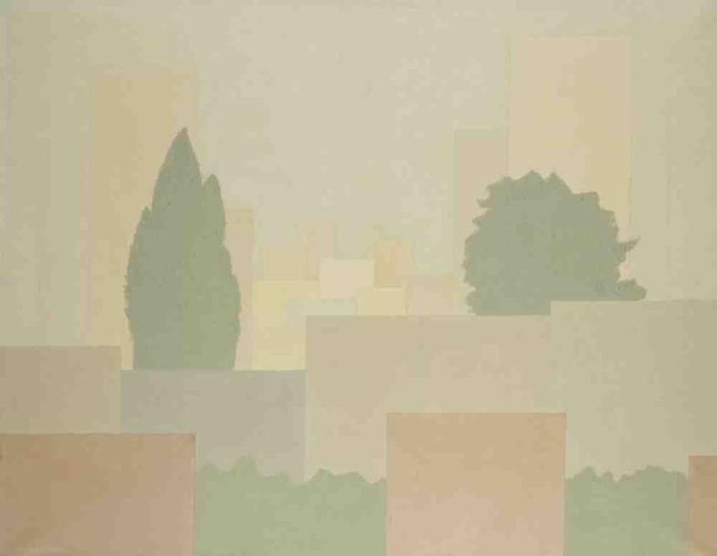 Geneviève ZONDERVAN (née en 1922)
Cité verte, 1978 Huile sur toile. Signée et datée en bas à gauche. 73 x 92 cm Exposition: salon des Indépendants, 1979, catégorie Synthèse.