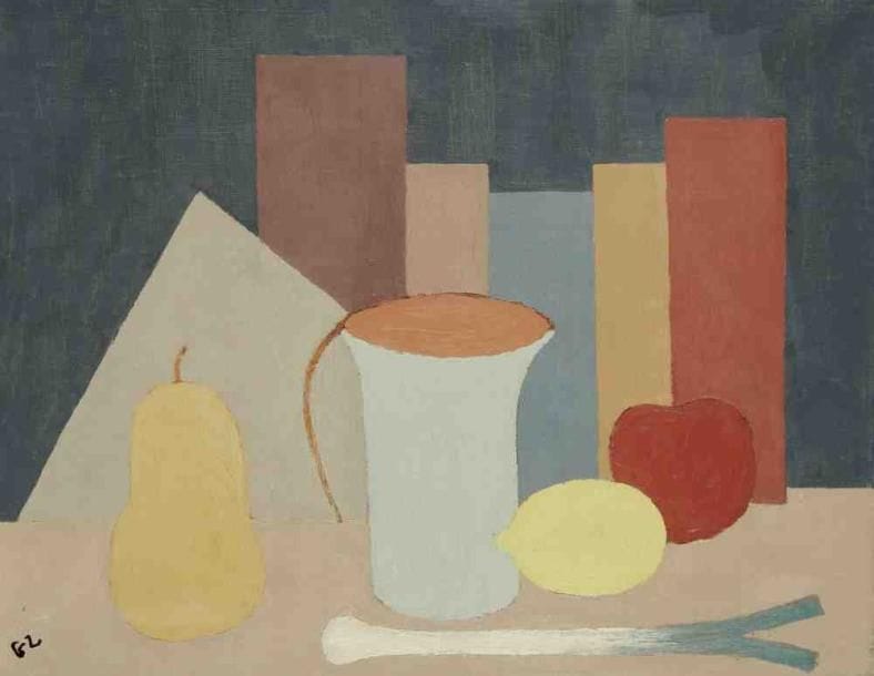 Geneviève ZONDERVAN (née en 1922)
Une poire, un poireau, un citron, une pomme, vers 1978 Huile sur toile. Monogrammée en bas à gauche. 27 x 35 cm