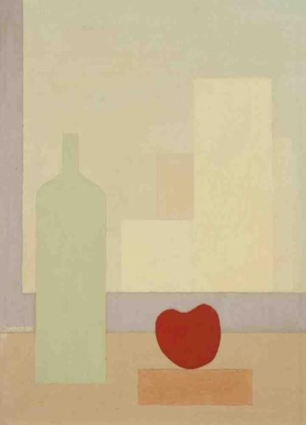 Geneviève ZONDERVAN (née en 1922)
Une bouteille, une pomme, 1979 Huile sur toile. Signée et datée en bas à gauche. 46 x 33 cm