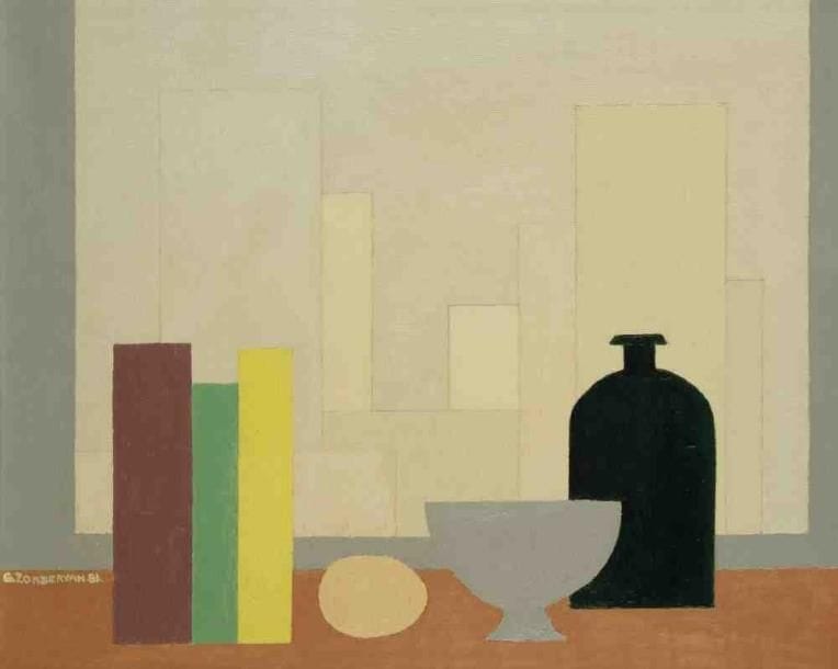 Geneviève ZONDERVAN (née en 1922)
Trois livres, une coupe, une bouteille, un oeuf, 1981 Huile sur toile. Signée et datée en bas à gauche. 33 x 41 cm