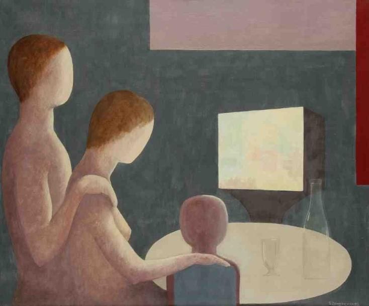 Geneviève ZONDERVAN (née en 1922)
Le Repas en famille, 1982 Huile sur toile. Signée et datée en bas à droite. 60 x 73 cm