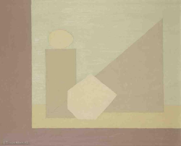 Geneviève ZONDERVAN (née en 1922)
Oeuf, verre et équerre, 1982 Huile sur toile. Signée et datée en bas à gauche. 33 x 41 cm