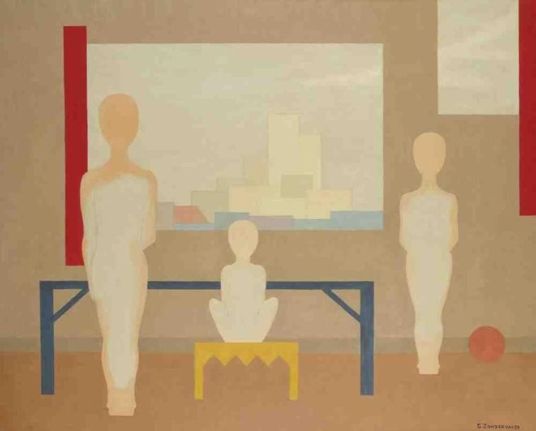 Geneviève ZONDERVAN (née en 1922)
Trois personnes et un ballon, 1984 Huile sur toile. Signée et datée en bas à droite. 81 x 100 cm