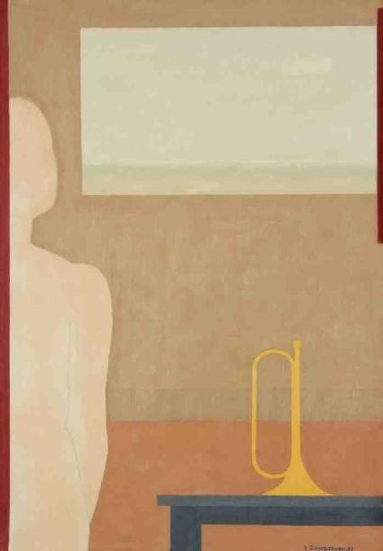 Geneviève ZONDERVAN (née en 1922)
Trompette solo, 1987 Huile sur toile. Signée et datée en bas à droite. 65 x 46 cm