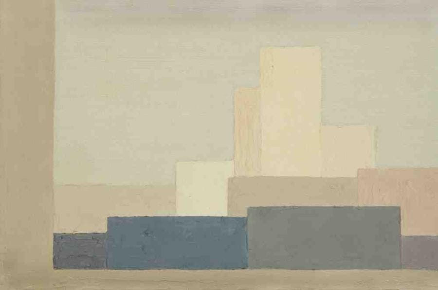 Geneviève ZONDERVAN (née en 1922)
Ville à la fenêtre, vers 1990 Huile sur toile. Signée au dos. 16 x 24 cm