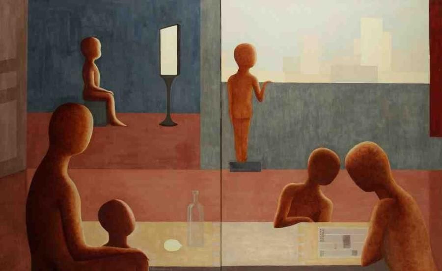 Geneviève ZONDERVAN (née en 1922)
Intérieur, extérieur (Diptyque), 1992 Huile sur toile. Signée et datée en bas à gauche. 100 x 162 cm