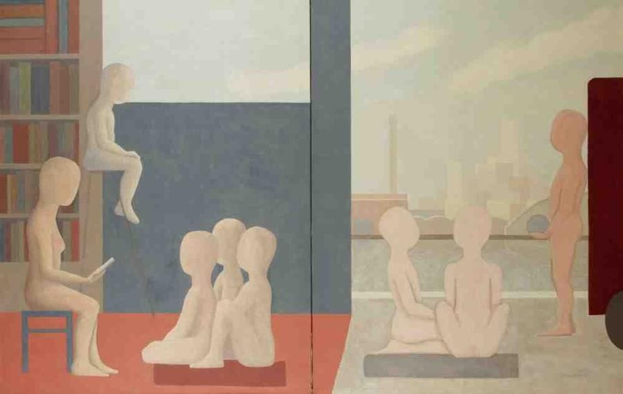 Geneviève ZONDERVAN (née en 1922)
À l'école (Diptyque), 1993 Huile sur toile. Signée et datée en bas à droite. 92 x 146 cm