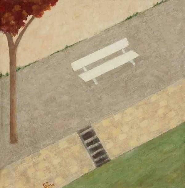 Geneviève ZONDERVAN (née en 1922)
Le Banc, 2002 Huile sur toile. Monogrammée et datée en bas à gauche. 30 x 30 cm