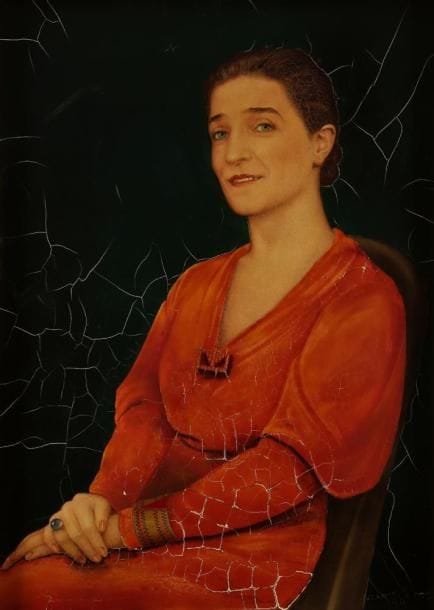 Jean DUNAND (1877-1942)
Portrait de Madame Marguerite Raspail, portant un bracelet manchette de Jean Dunand, 1936. Laque et technique mixte sur panneau. Encadrement d?origine noir et or. Importantes craquelures. Signé Jean Dunand et daté 1936 en bas à droite. Oeuvre seule: 68,5 x 49,3 cm. Provenance:. Monsieur Octave Raspail, proche de la famille Dunand. Par descendance. Bibliographie:. «Jean Dunand, Vie et Oeuvre» par Félix Marcilhac, Les Editions de l?Amateur, Paris, 1991. Travail préparatoire de cette oeuvre reproduit page 222 et référencé sous le numéro 192