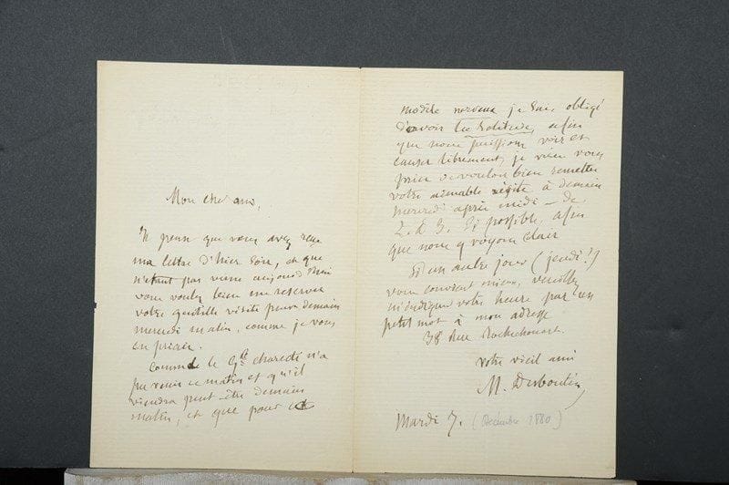 BEAUX-ARTS. Environ 110 lettres ou pièces, la plupart L.A.S.Z. Astruc, A. Aublet, Mme Bashkirtseff, Ch. Baude, Becquey, E. Berne-Bellecour (3), Nina Bianchi, J. Blanc, F.M. Boggs, L. Bonnat, Bouguereau, G. Boulanger, U. Butin, Louis Cabat, J. Ch. Cazin, J.C. Chaplain (3), Ch. Chaplin, Henri Chapu, G. Clairin, Fernand Cormon (3), Henri Cros, Henri Delaborde (4), E. Denain, Marcellin Desboutin (2), G. Desvallières, Éd. Detaille, Jules Didier, Doublemard, A. Feyen-Perrin, A. Foucher, Charles Garnier, H. Giacomelli, Ad. Giraldon, Ch. Girault, Henry Grosjean, Eugène Guillaume, Antoine Guillemet, F. Heilbuth, Iwill, G. Jacquet, M. Jambon, Jobbé-Duval, F.H. Kaemmerer, A. Kaempfen, Georges Lafenestre (8 à Ch. Garnier), G. Larroumet (7 à Roger-Milès), Hector Lefuel (4 à Georges Cain), comte Lepic, Hector Le Roux, Léon Lhermitte, T. Lobrichon, E. Luminais, A. Maignan, Henri Martin, Olivier Merson (2 à Bouguereau), Moreau-Vauthier, A. de Neuville, Louis Picard, R. Prinet, Paul Robert, Tony Robert-Fleury (3), G. Rochegrosse, Carl Rosa, Lionel Royer, J.G. Saintin, G. Surand, Ad. Thibaudeau, F.R. Unterberger (photo dédic.), L. Vandervelde, J.G. Vibert (3), F. Ziem, etc. On joint qqs photographies et doc. divers.