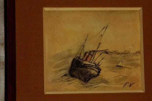 Paul VALÉRY. Dessin à la plume et lavis avec rehaut de rouge, signé en bas à droite « PV » ; 14 x 12 cm (encadré).Marine. Beau dessin représentant un bateau avec ses deux cheminées de couleur rouge, incliné sur une mer agitée ; sur la droite, un petit voilier.
