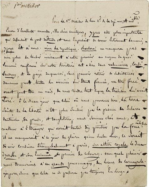 Georges COUTHON. L.A.S., Paris 1er messidor II (19 juin 1794), à ses « chers concitoyens » [du Puy-de-Dôme] ; 2 pages in-4.Belle lettre républicaine annonçant la prise d’Ypres, le 17 juin par l’armée républicaine commandée par Pichegru. « Encore d’excellentes nouvelles, mes chers concitoyens, Ypres cette place importante qui deffendait le port d’Ostende, et nous empêchait de cerner entierement l’ennemi, Ypres est à nous. Vive la république. Charleroi ne manquera pas non plus de tomber incessament à notre pouvoir au moyen de quoi l’ennemi renfermé sur notre territoire cest à dire dans Valenciennes, Condé, Landrecy, et le paÿs du Quesnoi, sans pouvoir retirer de subsistances daucunne part, touttes les avenues lui étant fermées, va etre forcé avant peut etre un mois, de nous rendre tout ce que la trahison lui avait livré. Ô le beau jour que celui où nous pourrons dire, La terre sainte de la Liberté n’est plus souillée par la présence des esclaves d Autriche, de Prusse, et d’Angleterre ; nous sommes chés nous, et malheur à l’Etranger qui oserait tenter d’y pénétrer par la force ou la ruse. Il ne manquerait à ce jour de gloire qu’une seule chose, ce serait de voir conduire triomphalement à Paris, son altesse royale le duc d’Yorke, et son Eminence le prince de Cobourg. Avec quel plaisir nous donnerions à ces grands personnages, des leçons de carmagnole. J’espere bien que cela ne se passera pas tooujours en songe ». Il annonce également les succès des autres armées : « La Marine va toujours de prises en prises »… Il se réjouit de pouvoir désormais retourner pour quelques mois auprès de ses amis du Puy-de-Dôme, et il termine : « Dieu, et la Liberté vous gardent ! »