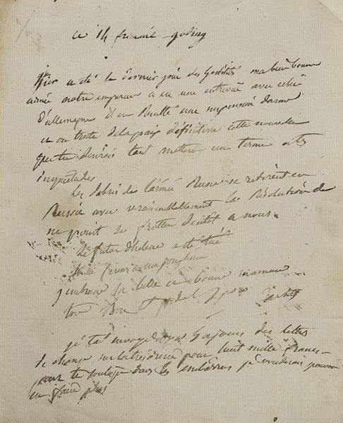 Louis DAVOUT. 11 L.A.S., 1805-1806, à sa femme Aimée Davout ; 40 pages demie in-4, la plupart avec adresse, qqs marques postales Grande Armée et cachets cire rouge à son nom.Bel ensemble autour de la bataille d’Austerlitz (2 décembre 1805). Mannheim 8 vendémiaire (30 septembre 1805). Il annonce l’expédition d’une collection de tableaux : « Je désire ma petite Aimée que ce cadeau te soit agréable ce n’est que dans cette intention que j’ai fait cette acquisition puisque tu sçais que je ne suis ni connoisseur ni amateur – cette collection est très précieuse il y a des tableaux du plus grand prix et il ne se présente pas deux occasions comme celle-ci »… Munich 1er brumaire (23 octobre). Il tranquillise Aimée sur sa santé : « Il fauderoit dix coups de canon pour me tuer et jusqu’ici l’empereur ne m’a point exposé à ce genre de mort, ce n’est point là ce qu’il y a de plus agréable cependant cela a tenu aux circonstances. L’empereur par ses prodiges à Ulm ne nous a laissé que peu de chose à faire pour aller à Vienne et par conséquent il ne faudra pas mettre beaucoup à l’epreuve ma bonne fortune. J’ai lieu de croire que sous six semaines la paix sera conquise »… Freising 3 brumaire (25 octobre) : « Je suis ici bien près du théâtre de la guerre de ton malheureux frère [Victor Leclerc]. J’irai le voir. Notre souverain ne me laisse que la bonne volonté. Notre voyage de Vienne sera de peu de gloire, et ne m’offrira pas plus de danger que ton séjour de Savigny »… Vienne 24 brumaire (15 novembre) : « Les pays que j’ai parcourus pour arriver à la capitale de l’Autriche m’ont privé […] de toute communication avec l’armée et de toute possibilité de te donner de mes nouvelles. […] Dans l’état où se trouve l’empire autrichien il est impossible qu’il ne cède point à l’offre de la paix que lui fait notre grand empereur. Cette guerre de grande combinaison n’a point couté de sang elle n’en n’est que plus glorieuse pour notre souverain »… 29 brumaire (20 novembre). La guerre contre l’Autri