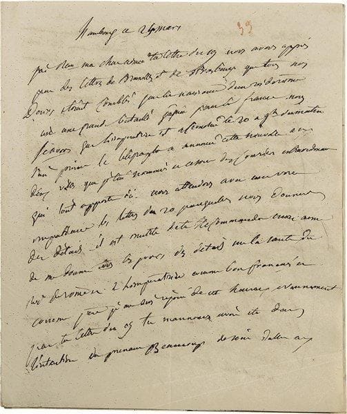 Louis DAVOUT. 149 L.A.S., 1811-1812, à sa femme Aimée Davout ; 310 pages in-4, qqs adresses avec cachet cire rouge.Importante correspondance comme gouverneur général des villes hanséatiques à Hambourg, puis comme commandant en chef du corps d’observation de l’Elbe. Davout témoigne d’un tendre intérêt pour la santé de sa femme, et pour l’éducation et l’avenir de ses enfants ; il s’occupe des finances familiales (dépenses, revenus de sa saline, dotations d’Hanovre, Westphalie et Pologne, sa « fortune », ses dettes), des travaux dans sa propriété de Savigny, et encourage son Aimée à cultiver ses relations à la Cour... Il évoque plusieurs généraux, notamment ses beaux-frères Leclerc des Essarts, Marc-Antoine de Beaumont et Louis Friant, son frère Alexandre d’Avout, son oncle Musquinet de Beaupré, mais aussi Compans, Coutard, Gudin, d’Hastrel, Morand, Romeuf, Saint-Cyr, le maréchal Berthier, etc. Nous ne pouvons donner ici qu’un rapide aperçu de ces lettres souvent quotidiennes. Péronne 1er février, sur la route, disant sa tristesse de quitter sa famille ; puis Liège le 3, Juliers et Dusseldorf le 4. Hambourg 9 février, il est arrivé à midi : « La Commission de gouvernement tient sa 1ère séance ce soir dans une heure, je crains bien d’y dormir »… 11 février, évoquant la santé de leur petit Louis ; puis, plus intime : « Espérons mon Aimée que le bouton de rose fleurira et aura des rejettons qui nous donneront ainsi que le bouton de rose beaucoup de satisfaction, je ne pense jamais à ce bouton de rose sans éprouver des tressaillements et des idées dont je ne suis pas le maître. Je me rappelle toutes les circonstances du besoin (certes cela a été le seul de ce genre que j’avois encore éprouvé) de retrouver ce petit bouton de rose et toute la suite de cet événement et alors je suis presque superstitieux »… 16 février : « Nous attendons avec une bien vive impatience les nouvelles des couches de Sa Majesté l’impératrice »… 17 février : « J’ai été faire à pied une assez longue 