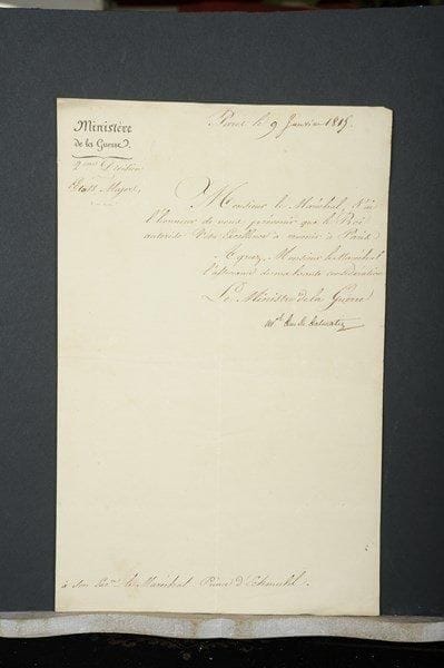 [Louis DAVOUT]. Environ 50 lettres ou pièces, la plupart L.A.S. ou L.S. adressées au maréchal ou le concernant, 1814-1824.Lettres relatives à la retraite de Davout à la première Restauration, ses fonctions de ministre de la Guerre sous les Cent-Jours, sa disgrâce à la deuxième Restauration, puis sa réhabilitation. Lettres du baron Louis ministre des Finances et de Mathieu comte Dumas (2) ministre de la Guerre (juillet-décembre 1814, sur le paiement de sommes dues à Davout) ; du maréchal Soult duc de Dalmatie (9 janvier 1815, le Roi autorise Davout à revenir à Paris) ; du lieutenant-général Lanusse (12 avril 1815, en faveur de son beau-père le maréchal Pérignon, que Napoléon aurait demandé de rayer du tableau des maréchaux) ; du duc de Feltre (2 : 6 janvier 1816, le Roi supprime à Davout tout traitement, à cause de ses fonctions auprès de l’Usurpateur ; 20 mars 1817, le Roi refuse de le rétablir) ; du comte Élie Decazes, ministre de la Police (3, 1816 : 27 janvier, relégation à Louviers ; 19 juin, autorisation de résider à Savigny ; 8 décembre, autorisation de revenir à Paris) ; du maréchal Gouvion Saint-Cyr (4, 1817-1819, sur le rétablissement du traitement de maréchal de Davout, et l’impossibilité d’admettre le fils de la comtesse Leclerc dans les écoles militaires). Minutes de réclamations de Davout ou en son nom. L.A.S. de compliments pour le mariage de Joséphine Davout avec le comte Vigier en 1820 : duc de Choiseul, duc Decazes. Lettres de condoléances lors du décès de Joséphine, comtesse Vigier en août 1821 : duc d’Aumont, général Beker, chancelier Dambray, duc de Doudeauville, général de Hédouville, général Kellermann duc de Valmy, V. de Latour-Maubourg, baron de Montmorency, général Marbot, général comte Morand, duc de Richelieu, maréchal Soult duc de Dalmatie, colonel de Trobriant, amiral Truguet, etc.  Correspondance concernant l’acquisition du château de Divonne en 1815 ; lettres de l’intendant Savelon à la maréchale en 1824 concernant le château et le dom