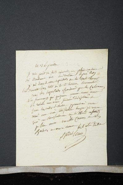 Louis DAVOUT. 6 L.A.S., Paris, [Louviers et Savigny 1815-1816], à sa femme, la maréchale Davout ; 15 pages in-4 ou in-8, 4 adresses (petites déchir. à une lettre).Fin des Cent-Jours, Restauration et exil à Louviers. Paris 3 mai [1815] 7 h du matin. « Je me suis couché très matin et je me lève de bonne heure, un gros dormeur comme moi ne trouve pas beaucoup son compte à ce régime mais la pensée que mes devoirs me prescrivent ces sacrifices me soutient »… 26 juillet : « Je suis dans de vives inquiétudes sur ta santé, devant tout craindre dans l’état où tu te trouves tourmentée par des inquiétudes occasionnées par les calomnies des journaux qui peignent comme une âme de rebelle une âme soumise et disciplinée »… [Savigny] 22 octobre. Il a longuement chassé aujourd’hui ; il y a un renard dans le parc, et il faut aller chercher les chiens courants chez le général Belliard ; nouvelles de Savigny… Louviers 28 février [1816]. Il s’inquiète de la santé de Joséphine, donne des ordres pour la bibliothèque, approuve la démarche d’Aimée près du préfet… 8 avril. « J’attends ta lettre de demain avec impatience puisque tu m’y feras connoître la reponse du mtre à mon beau-frère. Tu ne m’as pas parlé du duc de Doudeauville. Pourquoi ne le prierois-tu pas de faire des démarches, il obtiendroit plus facilement que mon beau-frère »… 10 avril. Il pense comme elle qu’il n’y a nul inconvénient à entretenir le duc de Tarente [Macdonald] de sa position, « et l’engager à demander que si l’on persiste à m’exiler qu’on n’y ajoute pas la persécution de m’obliger à vivre ailleurs que chez moi et à faire des dépenses que le délabrement de ma fortune ne me permet pas […] Parles lui aussi des infâmes calomnies de ceux qui font les rapports – je ne vois personne et on me fait fréquenter des soi-disants mal intentionnés dans mes promenades on me fait aller voir des généraux qui n’existent pas tout cela est trop fou tu aurois dû prier le ministre de faire faire des informations et de sévir contre les mi