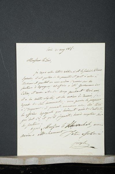 Joseph BONAPARTE (1768-1844) frère aîné de Napoléon, Roi de Naples puis d’Espagne. L.A.S., Paris 31 mai 1815, au maréchal Davout, prince d’Eckmühl ; 1 page in-4.Le général Spinola, porteur de la présente, est prêt à aller à Bordeaux « et partout ou vous voudres l’envoier sur les frontières d’Espagne ; cet officier a été gouverneur de Cadix, et mon aide de camp pendant trois ans, il a du credit chez lui, et des moiens de reussir, je reponds de son devouement ; vous pouves le proposer à l’Empereur : il pourrait emmener avec lui tous les officiers espagnols qui desirent avoir de l’activité qui sont ici, et qu’il jugeroit devoir emploier sur la frontiere »… On joint une L.S. avec compliment autographe au même, Paris 7 mai 1815.