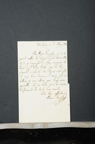 MARIE-AMÉLIE (1782-1866) Reine des Français, épouse de Louis-Philippe. 10 L.A.S. et 1 L.S., 1827-1853, à la maréchale Davout, princesse d’Eckmühl ; 16 pages in-4 ou in-8, la plupart à son chiffre couronné et avec adresse ou enveloppe, qqs cachets cire rouge.Palais-Royal 29 décembre 1827, félicitations sur un heureux événement survenu dans sa famille (mariage d’Adèle Davout avec le comte de Cambacérès)… Thuileries 3 mai 1834 : « je m’empresse de vous envoyer la Croix de l’Ordre Belge que le Roi Léopold a accordé au Prince votre fils »… 11 novembre 1835, elle est heureuse d’apprendre que les orphelins du général Morand sont sous l’égide protectrice de la maréchale : le ministre des Finances promet un bureau du timbre à Mlle Morand et le secrétaire de la Reine parlera au jeune comte Morand à propos de sa petite sœur… 29 décembre 1836, remerciant pour les sentiments exprimés après l’attentat régicide de Meunier… Neuilly 18 juillet 1837. La faveur que la comtesse de Beaumont (née Julie Davout) demande pour son fils « est bien difficile à obtenir, les ministres n’autorisent pas de pareilles transactions et le Roi soumet toujours les désirs de son cœur aux règles de la Justice »… Paris 29 août 1838, disant sa joie à la naissance d’un petit-fils [Louis-Philippe, comte de Paris, fils du duc d’Orléans]… Saint-Cloud 29 octobre 1843 : elle fait placer l’aîné des petits protégés de la maréchale dans une pension près d’Amiens… Thuileries 18 janvier 1846. Elle voudrait pouvoir adoucir les chagrins du cœur de la princesse… 13 avril 1847. Elle a recommandé la demande en faveur de la nièce de la maréchale, « mais vous savez bien que le succès ne dépend pas de moi »… Claremont 8 août 1849. Elle a des nouvelles du petit-fils de la maréchale, « que Montpensier est si heureux d’avoir dans ce moment auprès de lui » ; M. Vigier [gendre de la maréchale] lui donnera celles de « toute notre colonie »… 21 août 1853, condoléances à la maréchale sur la mort de son fils Louis Davout ; « c’est auj